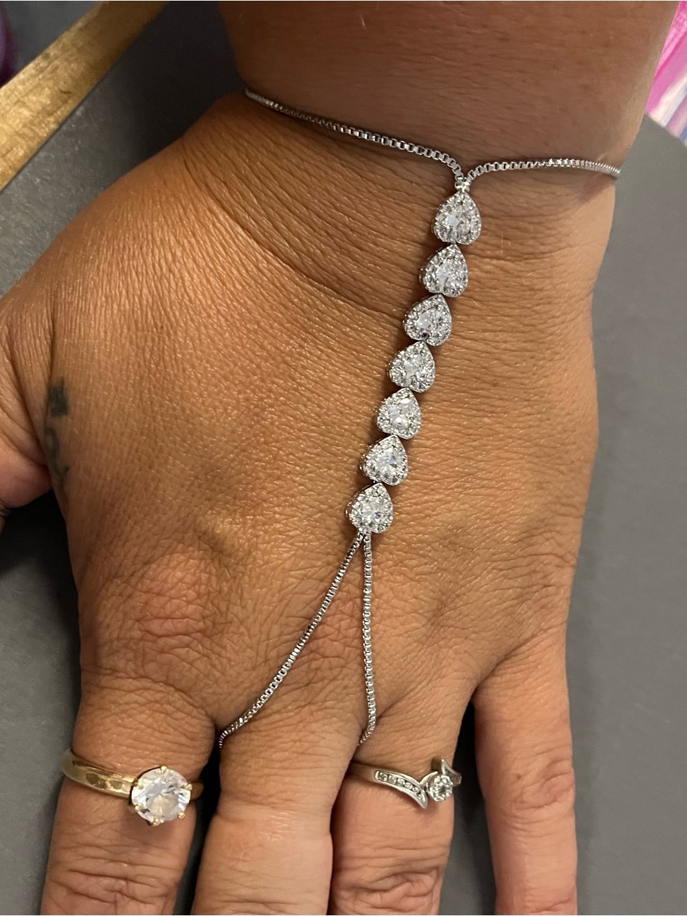 Silver Teardrop Crystal Hand Chain Bracelet - Sparkling White
